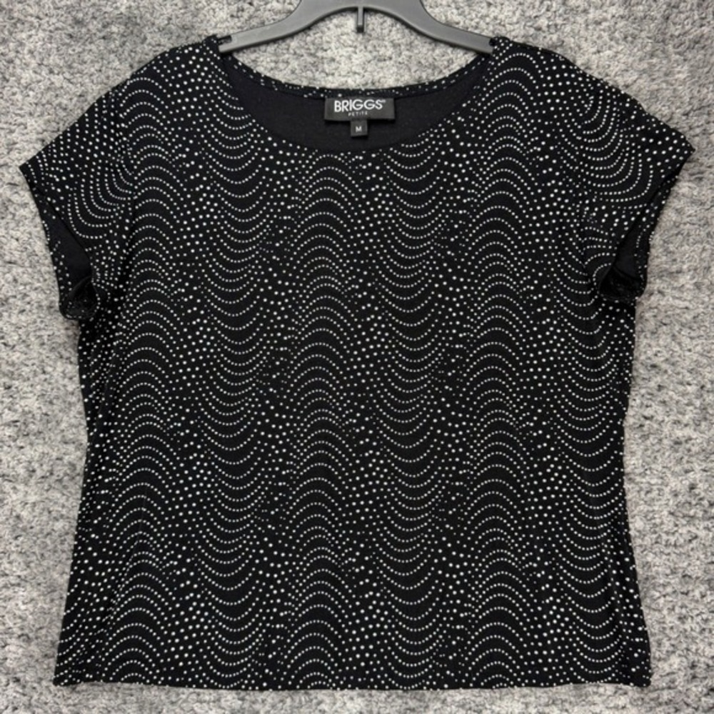Briggs New York Womens Petite Medium Polka Dot Wave Short Sleeve Black White Top